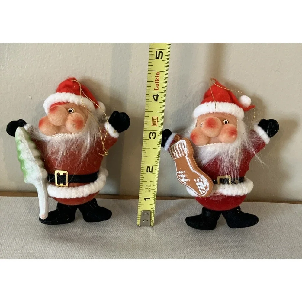 Vintage Flocked Santa Claus Christmas Ornaments w/Tree & Stocking